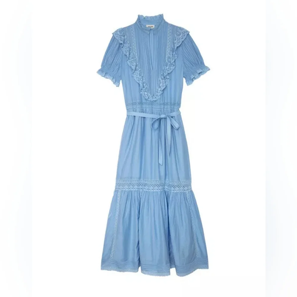 Zadig & Voltaire Women Ruffle A-line Dress Tie Front Short Sleeve Midi Dress - Picture 3 of 4